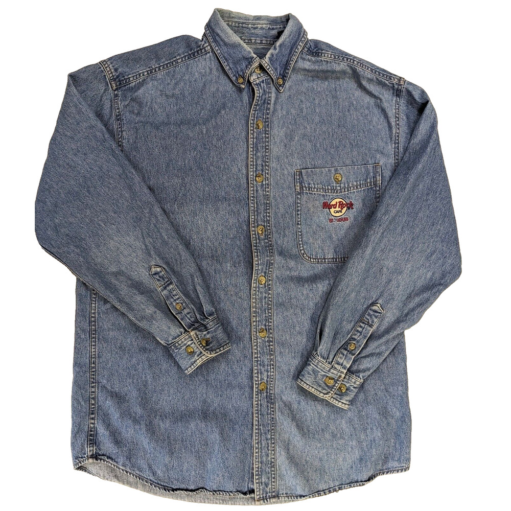 Hard Rock Cafe Men Size M 100% Cotton Blue Button Up Denim Shirt ST LOUIS